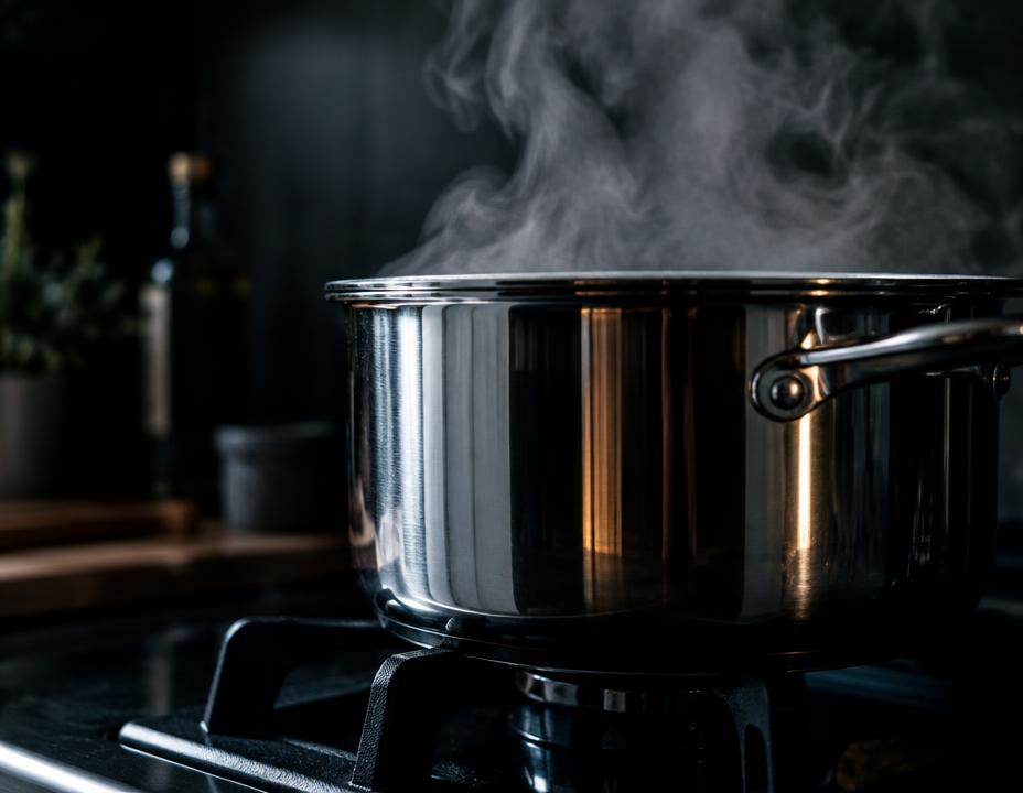 Olla de acero inoxidable humeante en la cocina