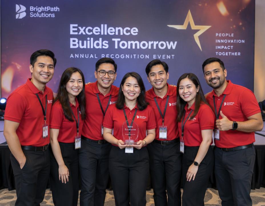 Equipo con camisas rojas en evento de reconocimiento